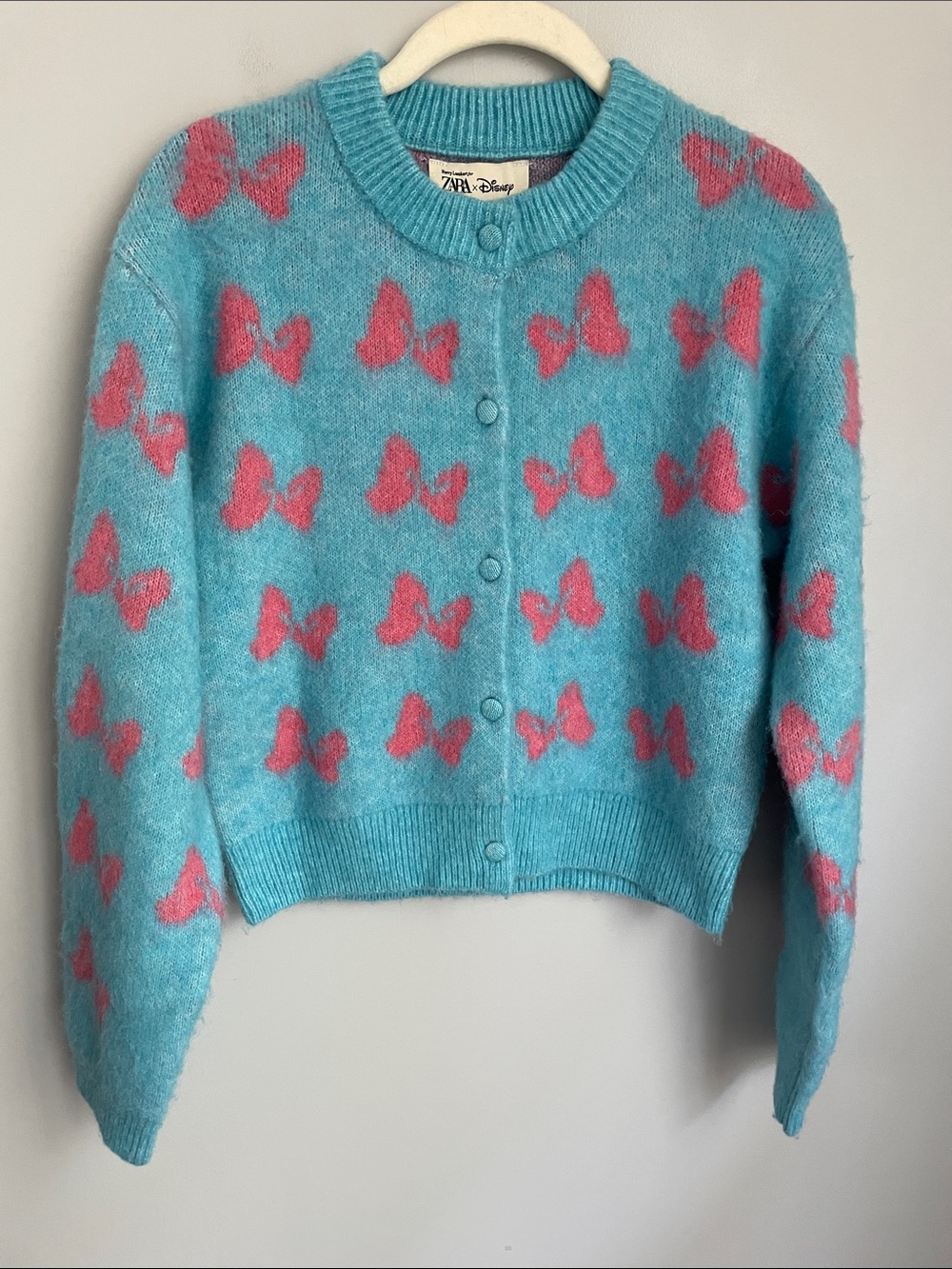 Zara Harry Lambert Disney Minnie Mouse Bow Blue Pink Wool Blend Cardigan Small